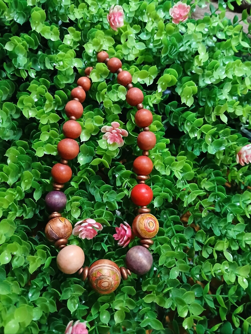 Handcrafted Wooden Bead Necklace in Brown and Red 16 Inches